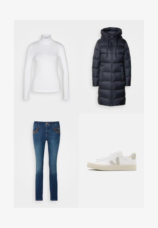 Marc O'Polo Páperový kabát - navy; Biela dlhá rukáv turtleneck košeľa vyrobená z hladkej, pružnej látky. Má priliehavý strih a vysoký golier. Bez viditeľných vzorov alebo akcentov.; Tmavomodré džínsy s úzkym strihom. Obsahujú dve predné vrecká s hnedými akcentmi a zapínanie na gombík. Jemné vyblednutie na nohách.; Biele tenisky vyrobené z kože s šedými akcentmi vo forme V loga, textúrovaná gumová podrážka, biele šnúrky a polstrovaný jazyk a golier.