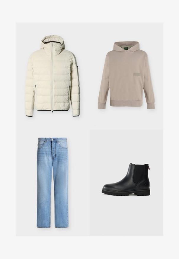 Doudoune matelassée couleur crème avec capuche attachée, fermeture éclair frontale, poches latérales zippées et bordures noires aux poignets et à l'ourlet.; Sweat à capuche beige à manches longues avec une poche avant et un logo discret BOSS sur la poitrine, présenté sur un fond uni.; Jean droit en denim bleu clair avec fermeture par bouton et zip, poches avant et arrière, et passants de ceinture à la taille.; Bottine noire en cuir avec des panneaux latéraux en élastique, bout rond et semelle en caoutchouc robuste avec de profonds crampons pour une meilleure adhérence.