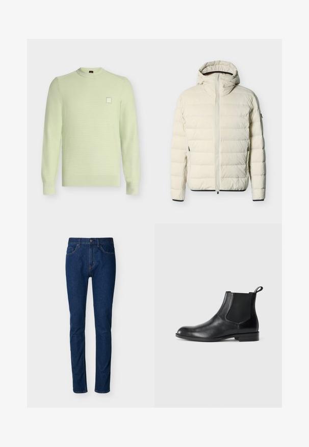 Doudoune matelassée couleur crème avec capuche attachée, fermeture éclair frontale, poches latérales zippées et bordures noires aux poignets et à l'ourlet.; Pull en maille vert clair à col rond et manches longues, avec un motif texturé subtil et un petit patch logo carré sur la poitrine.; Jean en denim bleu foncé à coupe slim, design à cinq poches, coutures visibles et fermeture par bouton à la taille. Texture lisse.; Bottine en cuir noir avec des panneaux latéraux élastiques, bout rond et tirette. Texture lisse, semelle plate, design minimaliste.