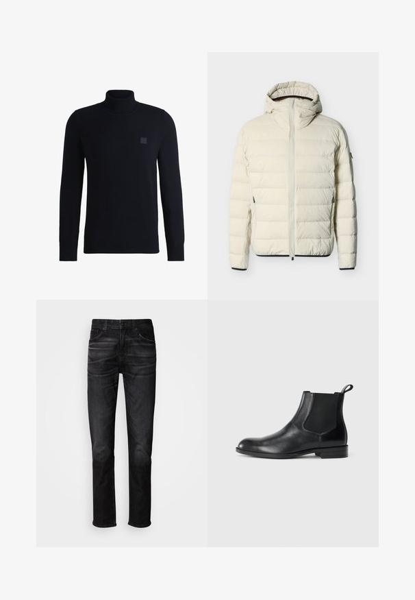 Chaqueta acolchada color crema con capucha adjunta, cremallera frontal, bolsillos laterales con cremallera y ribete negro en los puños y el dobladillo.; Suéter de cuello alto en azul marino, confeccionado en suave material de punto, con mangas largas y cuello acanalado. Incluye un parche de logo cuadrado en el pecho.; Vaqueros de mezclilla negra con corte recto, diseño de cinco bolsillos, sutil desgaste y cierre de botones. Estilo clásico adecuado para uso casual.; Botín negro de cuero hasta el tobillo con paneles elásticos a los lados, punta redondeada y lengüeta. Textura suave, suela plana, diseño minimalista.