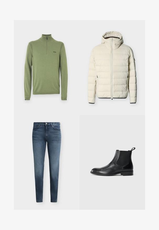 Doudoune matelassée couleur crème avec capuche attachée, fermeture éclair frontale, poches latérales zippées et bordures noires aux poignets et à l'ourlet.; Pull-over vert à col montant avec fermeture éclair à mi-longueur. Présente des accents côtelés sur les épaules et un logo noir "BOSS" sur la poitrine.; Jean skinny en denim bleu avec poches avant, passants pour ceinture et fermeture à bouton avec braguette zippée.; Bottine en cuir noir avec des panneaux latéraux élastiques, bout rond et tirette. Texture lisse, semelle plate, design minimaliste.