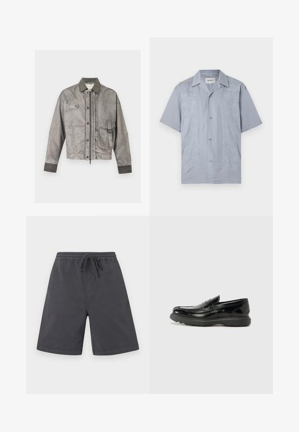 Veste grise à manches longues avec fermeture éclair à l’avant et boutons-pression, poche poitrine à rabat et poche latérale avec détail de boucle.; Chemise bleu clair à manches courtes avec deux rangées verticales de volutes abstraites brodées en blanc sur les côtés avant.; Shorts gris foncé longueur genou avec taille élastique et cordon de serrage à l'avant, en tissu doux.; Mocassin en cuir noir avec une finition brillante, bout arrondi, détails de couture subtils et semelle en caoutchouc épaisse pour la durabilité.