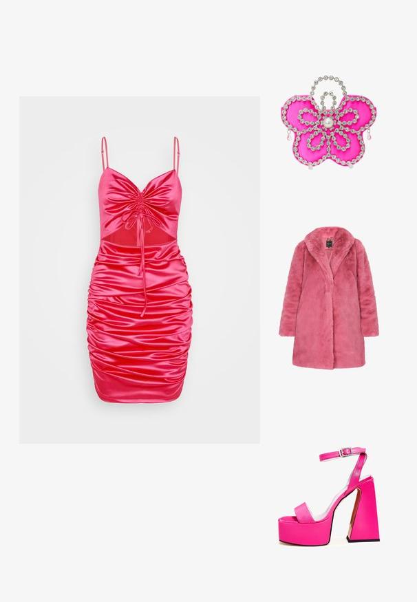 Lyserød fuskepelsjakke med sjalskrave og lange ærmer. Har en blød tekstur og åben front. Ideel til afslappet brug.; WAL G. ELLE CUT OUT MINI - Cocktailkjole / festkjole - fuchsia; Lyserøde platform sandaler med bred firkantet hæl, ankelrem, glat finish og åben tå design. Spændeaccent ved anklen.; Lyserød satin clutch formet som en blomst, prydet med klare rhinsten og en central perledetalje, med dråbeformede accenter.