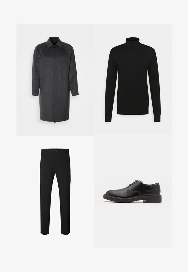 Isaac Dewhirst RAGLAN COAT - Abrigo clásico - dark grey; Jersey de cuello alto negro hecho de un material suave y elástico. Mangas largas, cuello y puños acanalados, y una silueta ajustada.; Pantalones negros de corte ajustado con cierre de botón y cremallera, trabillas para cinturón y piernas rectas sobre fondo blanco.; Zapato negro de cuero con cordones, punta redondeada, textura suave, costuras mínimas y tacón bajo de goma. Logo en el tacón.