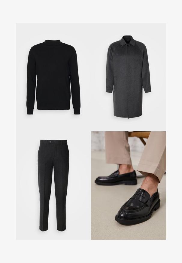 Isaac Dewhirst RAGLAN COAT - Mantel - dark grey; Zwarte pullover trui van zachte stof met een hoge hals en lange mouwen. Eenvoudig ontwerp, zonder patronen of versieringen.; Lindbergh Broek - black melange; Zwarte leren loafers met een gladde afwerking, voorzien van een decoratieve band en contrasterende stiksels, gecombineerd met beige broeken.