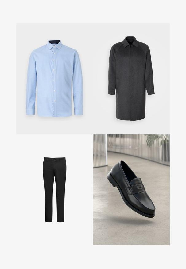 Isaac Dewhirst RAGLAN COAT - Klassisk frakke - dark grey; Langærmet skjorte i lyseblå med et lille ternet mønster, hvide knapper og en kontrasterende mørkeblå krave. Blød tekstur.; Sorte bukser lavet af bomuldsblandet stof, med slank pasform, flad front og knaplukning. Ingen synlige mønstre eller detaljer.; Sort lædersko med glat tekstur, spids tå og en dekorativ rem over vristen. Letvægts sål, minimalistisk design.