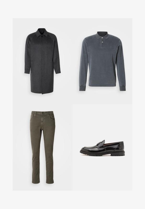 Isaac Dewhirst RAGLAN COAT - Mantel - dark grey; Dons lange mouw polo shirt in donkergrijs, gemaakt van zachte stof, heeft een drie-knopen sluiting, ribgebreide manchetten en een subtiele geborduurde logo op de borst.; Antony Morato KURT COMFORT - Jeans Tapered Fit - dark olive; ALDO ALERIS - Instappers - black