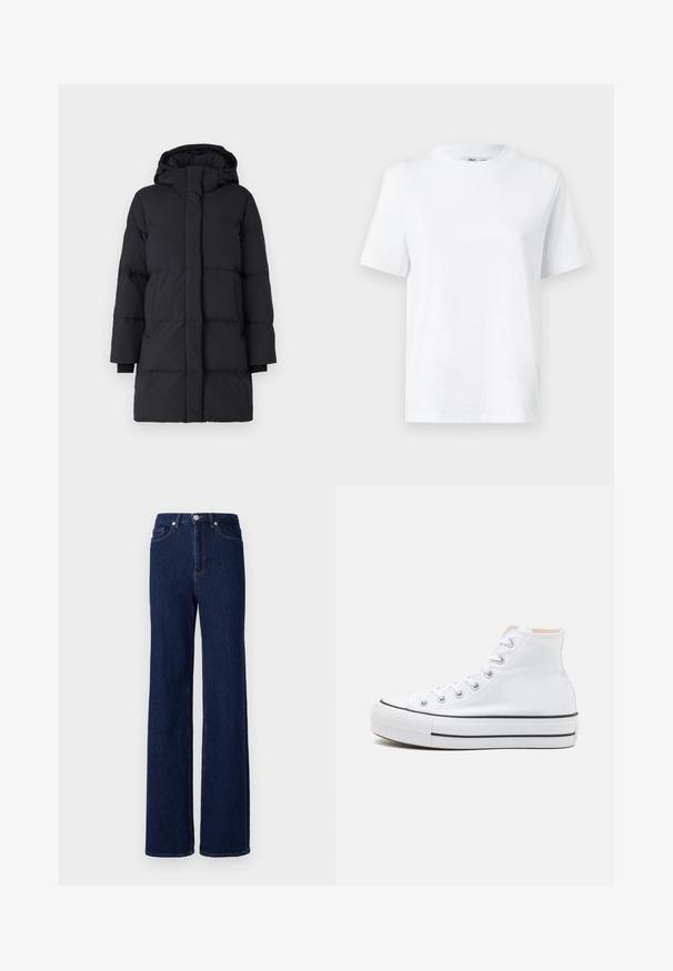 Abrigo acolchado negro con capucha, presenta un diseño acolchado, mangas largas, cierre frontal con cremallera y puños elásticos. Tejido suave y texturizado.; Camiseta de algodón blanca de cuello redondo con mangas cortas y una textura suave. Diseñada con un ajuste relajado para mayor comodidad y versatilidad.; Jeans de mezclilla azul oscuro con una cintura alta, corte de pierna ancha y diseño clásico de cinco bolsillos. Terminados con costuras en contraste y un botón de metal.; Zapatillas altas blancas de material de lienzo, con suela de goma negra y una franja negra en el mediopie. Punta circular y diseño de cordones.