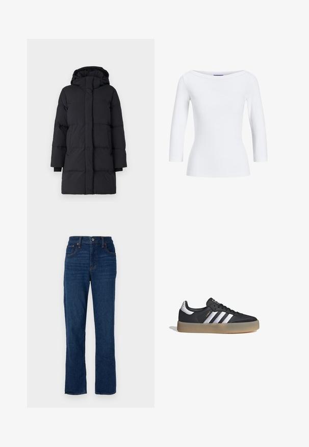 Zwarte pufferjas met capuchon, voorzien van een gecapitonneerd design, lange mouwen, rits aan de voorkant en elastische manchetten. Gladde, gestructureerde stof.; Witte geribbelde longsleeve top met een bootnek. De stof is soepel, aansluitend en heeft een nette afwerking bij de mouwen en de zoom.; Donkerblauwe denim recht gesneden jeans met een vijfzakkenontwerp, oranje stiksels en een knoopsluiting bij de tailleband.; Zwarte leren sportschoen met drie zilveren strepen, een gestructureerde neus en een gumrubberen zool. Bevat een gevoerde schacht en vetersluiting.
