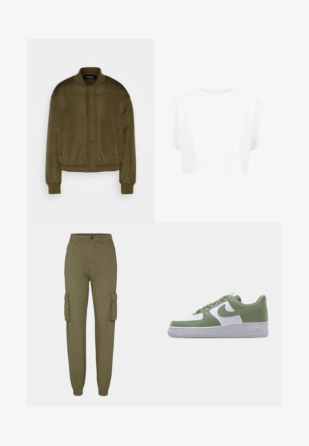 ONLY ONLCOOL PUFFER JACKET - Chaquetas bomber - kalamata; Camiseta blanca corta, de mangas cortas, con cuello redondo, hecha de una tela suave, sin patrones visibles ni herrajes distintivos.; Pantalones cargo verde oliva hechos de una tela suave, que cuentan con dos bolsillos laterales, puños elásticos y un cierre frontal con botón.; Zapatillas Nike Air Force 1 en cuero verde y blanco. Diseño de corte bajo, punta redonda, suela de goma texturizada y detalle destacado del logo swoosh.
