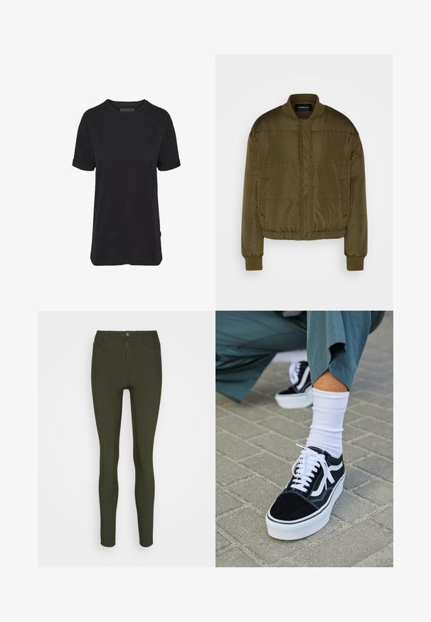 ONLY ONLCOOL PUFFER JACKET - Blouson Bomber - kalamata; T-shirt en coton noir à manches courtes, col rond et manches retroussées ; présente une étiquette de marque subtile sur l'ourlet latéral.; ONLY ONLNANNA SKINNY - Pantalon classique - duffel bag; Baskets en suède noir avec des accents et des lacets blancs, présentant une épaisse semelle blanche et des coutures contrastantes, associées à une chaussette blanche.