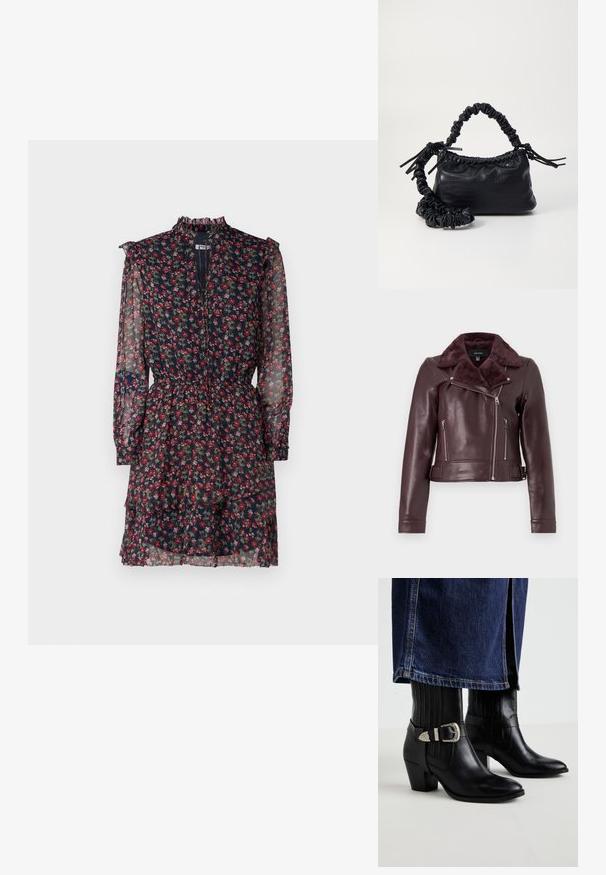 Burgunderfarbene Leder Motorradjacke mit einem Kragen aus Kunstpelz, silbernen Reißverschlüssen, tailliertem Design und Details mit Gürtel an der Taille.; Blumenkleid aus durchsichtigem marineblauen Stoff mit roten und grünen Mustern, gerafftem hohen Kragen, langen Ärmeln und tailliertem Bund mit schichtigem Rock.; Schwarze Leder-Ankle-Boots mit spitz zulaufender Zehenpartie, vertikalen Rippungen, einem silbernen Schnallenakzent und einem gestapelten Absatz.; Schwarze Handtasche aus Kunstleder mit Krokodilstruktur, gerafftem oberen Teil und einem geschoppten Tragegurt. Sie wirkt weich und kompakt im Design.