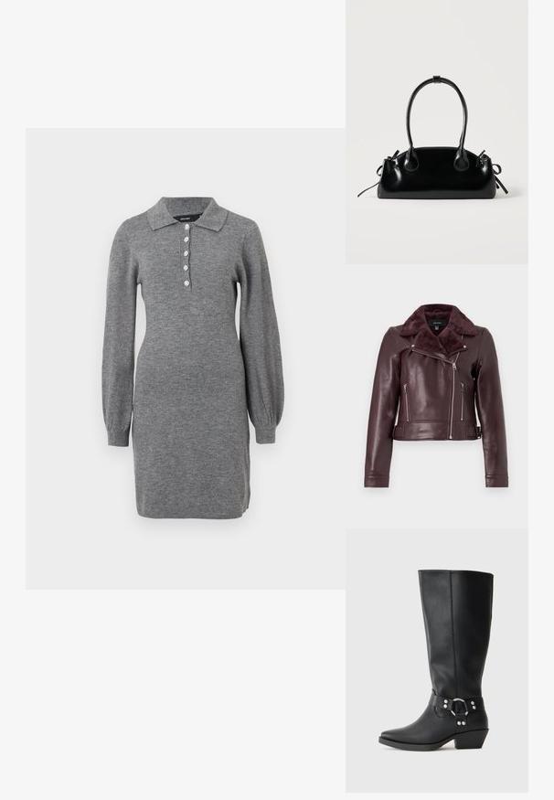 Veste de moto en cuir bordeaux avec un col en fausse fourrure, fermetures éclair argentées, design ajusté et détails de taille ceinturée.; Robe en tricot grise avec un col, des manches bouffantes longues et une fermeture à boutons à l'avant comportant cinq boutons. Texture douce avec une silhouette ajustée.; Bottines noires en cuir hauteur genou avec un bout pointu, dotées d'une sangle décorative à la cheville et d'accents en métal argenté. Talon bas empilé.; Petit sac à main noir brillant avec deux longues anses et des détails à cordon sur les côtés sur un fond clair uni.