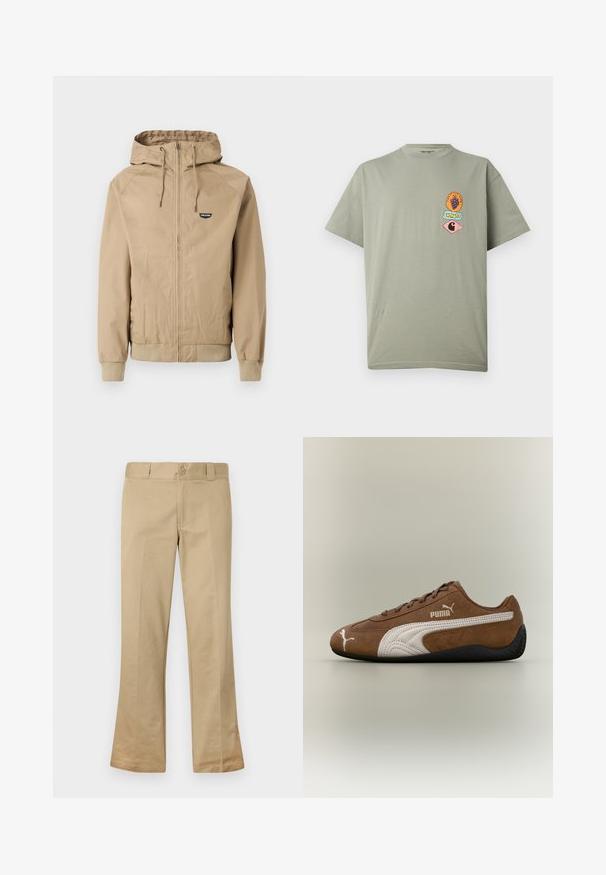 Chaqueta beige con cremallera y capucha, puños y dobladillo acanalados. Cuenta con un pequeño logo negro en el pecho izquierdo. Tejido liso con un diseño casual.; Camiseta de manga corta de color gris claro con tres pequeños parches gráficos coloridos en el pecho izquierdo, incluyendo uvas y logotipos de Carhartt.; Pantalones acampanados beige fabricados con una mezcla de algodón, que cuentan con un cierre de botón, pasadores para cinturón y un frente plano con textura suave.; Zapatilla de ante marrón con detalles en blanco y diseño texturizado. Cuenta con una suela de goma negra y un prominente logo de Puma en el lateral.