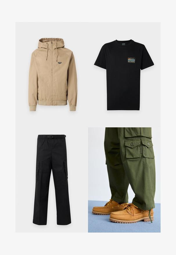 Beige jack met ritssluiting en capuchon, geribbelde manchetten en zoom. Heeft een klein zwart logo op de linkerborst. Gladde stof met een casual ontwerp.; Zwart T-shirt met korte mouwen, voorzien van een kleine meerkleurige afbeelding van een berg en oceaan, met de tekst "BILLABONG Adventure division" op de linkerborst.; Zwarte cargobroek met een wijde pasvorm, een verstelbare tailleband met een gesp en twee zijzakken voor opslag. Lichtgewicht stof.; Timberland AUTHENTIC 3 EYE - Bootschoenen - wheat