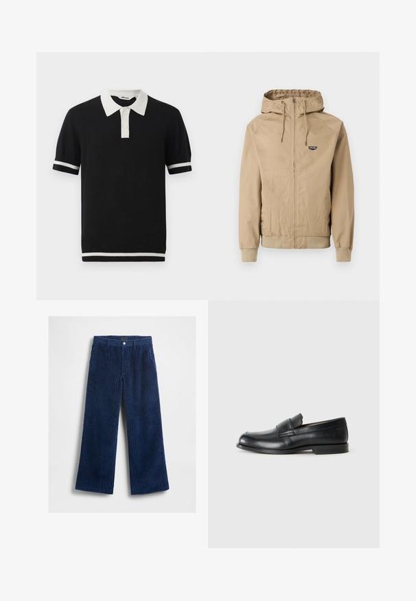 Beige jack met ritssluiting en capuchon, geribbelde manchetten en zoom. Heeft een klein zwart logo op de linkerborst. Gladde stof met een casual ontwerp.; Zwarte polo met korte mouwen, witte kraag, twee witte knoppen en witte strepen op de mouwen en de onderrand.; Marineblauwe corduroy broek met wijde pijpen, ribbeltextuur en standaard tailleband met een knoopsluiting aan de voorkant.; Zwarte leren instappers met een ronde neus, gestikte details en een vlakke rubberen zool. Heeft een brede band over de wreef.