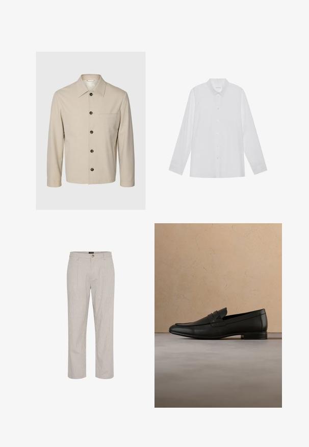 Beige Jacke mit langen Ärmeln, spitzem Kragen, Frontknöpfen, einer Brustleistentasche und zwei Seitentaschen, auf neutralem Hintergrund dargestellt.; Weiße Langarmbluse aus glattem Stoff, mit spitzem Kragen, Knopfleiste vorne und Ein-Knopf-Manschetten.; Hellgraue gestreifte Hose, gerader Schnitt, mit einem einzelnen Knopfverschluss an der Taille und zwei Vordertaschen. Glatte Textur.; Schwarzer Lederloafer schwebt über einem beigen Teppich mit beigem Sofa in einem minimalistischen Innenraum.