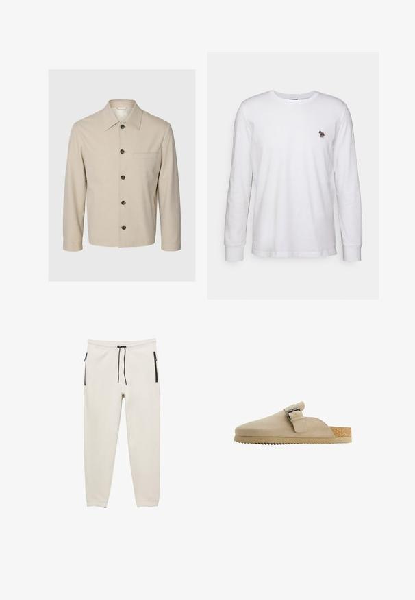 Beige lange mouw jas met puntkraag, knopen aan de voorkant, een borstzak met bies en twee steekzakken, weergegeven tegen een effen achtergrond.; Witte katoenen T-shirt met lange mouwen en een ronde halslijn, voorzien van ribgebreide manchetten, met een klein, veelkleurig geborduurd paardenlogo op de borst.; Lichtbeige joggingbroek van zacht materiaal, met twee rits-zijzakken, een verstelbare koordsluiting en een taps toelopende zoom.; Beige suède klomp met een gebogen vorm, verstelbare metalen gesp en een getextureerde kurken voetbed. De buitenzool heeft een getande rand voor grip.