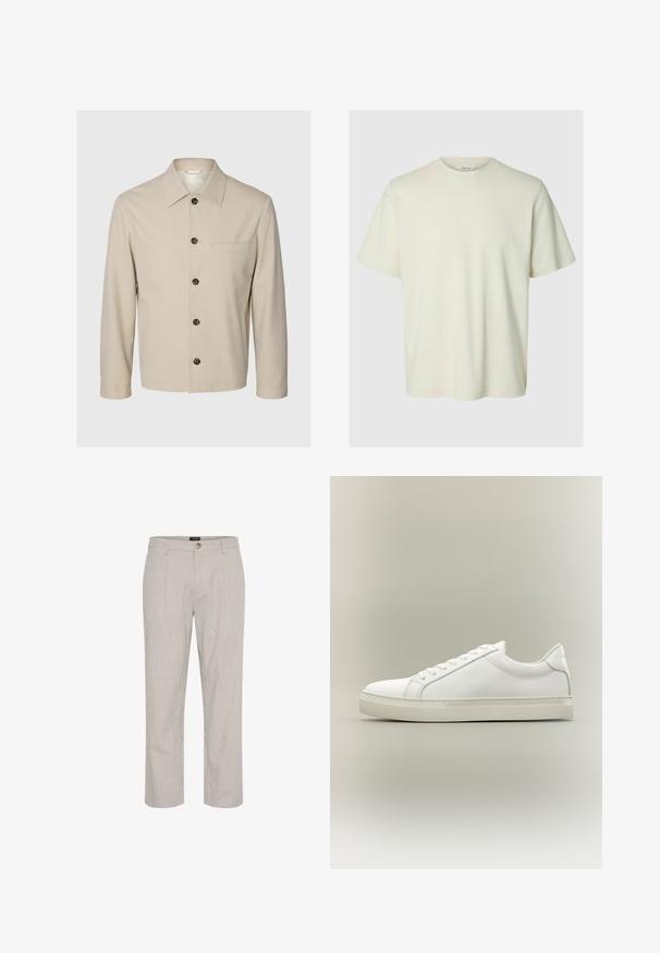 Veste beige à manches longues avec col pointu, boutons sur le devant, une poche poitrine à passepoil et deux poches latérales, présentée sur un fond uni.; T-shirt simple blanc cassé à manches courtes, col rond et coupe régulière, présenté sur fond neutre.; Pantalons rayés gris clair, coupe droite, avec une fermeture à bouton unique à la taille et deux poches avant. Texture lisse.; Baskets blanches basses à lacets sur l’avant et semelle épaisse, vues de côté sur un fond neutre.