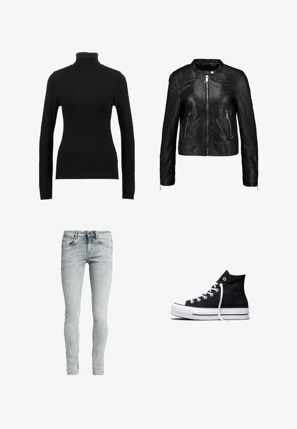 Maze GRENADA - Leren jas - black; Zwarte coltrui gemaakt van zachte stof, met lange mouwen en een aansluitende snit. Eenvoudig ontwerp zonder zichtbare patronen of versieringen.; Lichtblauwe skinny jeans van denim, met een normale taille, vijf zakken en subtiele vervaging voor een versleten effect.; Zwarte hooggesloten canvas sneaker met witte rubberen zool en witte veters, zijwaarts weergegeven op een witte achtergrond.