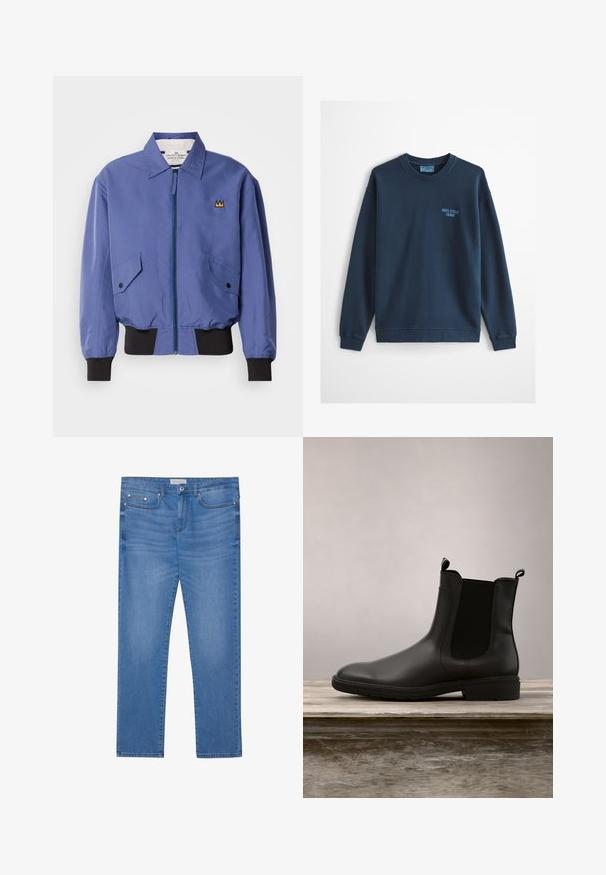 Blaue Bomberjacke mit Frontreißverschluss, zwei schrägen Taschen sowie schwarzen, gerippten Bündchen an Ärmeln und Saum. Verziert mit einem gestickten Kronenmotiv auf der Brust.; Hellblaues Sweatshirt mit Rundhalsausschnitt, langen Ärmeln und kleinem "Marc O'Polo Denim" Logo auf der linken Brust.; Hellblaue Denim-Jeans mit geradem Bein, Fünf-Taschen-Design, subtilen Verwaschungen und metallischen Akzenten an der Taille und den Taschen.; Schwarzer Gummichelsea-Stiefel mit glatter Oberfläche, elastischen Seitenpartien und Zuglaschen, ausgestattet mit einem niedrigen Absatz und einer stabilen Sohle.
