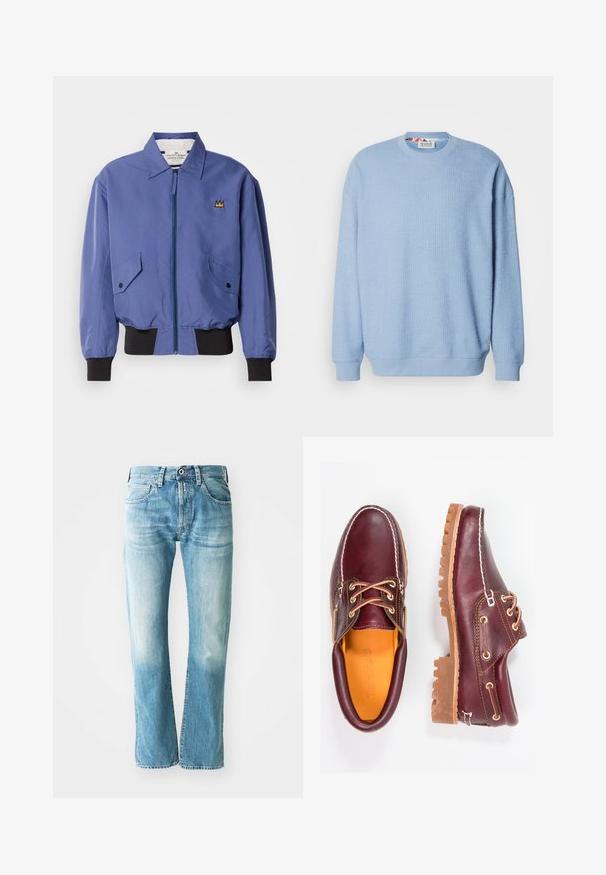 Blå bomberjakke med lynlås foran, to skrå lommer og sorte ribstrikkede manchetter og kant. Har et broderet krone-detalje på brystet.; Scotch & Soda TEXTURED - Sweatshirt - faded denim; Lysblå denim jeans med lige pasform, der har fem lommer og slidte detaljer, afsluttet med en klassisk lynlås og knaplukning.; Bordeaux lædersko med brune gummisåler, rund tå, hvid syning og gyldne snøringer. Indersiden har et gult for.