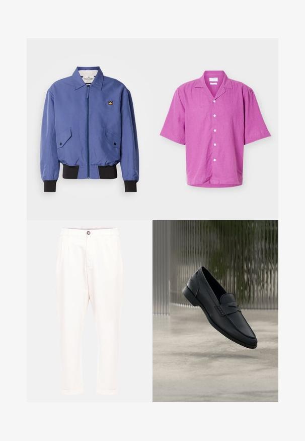 Veste bomber bleue avec une fermeture éclair frontale, deux poches en biais, et des poignets et ourlet côtelés noirs. Présente un détail brodé en forme de couronne sur la poitrine.; Chemise manches courtes à boutons de couleur magenta vif avec un col classique et des boutons blancs, présentée sur un fond clair uni.; Pantalon beige clair à coupe décontractée, avec deux plis plats à l'avant, une fermeture à bouton et des revers roulés aux chevilles. Texture de tissu lisse.; Mocassin en cuir noir à finition lisse, bout pointu et détails cousus sur le dessus. Talon bas et design minimaliste.