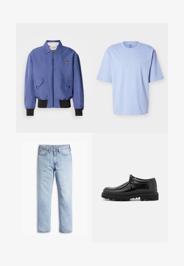 Blaue Bomberjacke mit Frontreißverschluss, zwei schrägen Taschen sowie schwarzen, gerippten Bündchen an Ärmeln und Saum. Verziert mit einem gestickten Kronenmotiv auf der Brust.; Hellblaues T-Shirt mit kurzen Ärmeln und Rundhalsausschnitt, locker geschnitten und mit dezentem kleinem Logo auf der linken Brustseite.; Hellblaue Denim-Jeans mit geradem Bein, fünf Taschenstil und robusten Nähten. Ausgestattet mit einem Reißverschluss und einem Metallknopf.; Schwarze Leder-Derby-Schuhe mit einem eleganten Design, runder Zehenpartie und rutschfester Gummisohle mit tiefen Rillen für besseren Halt.