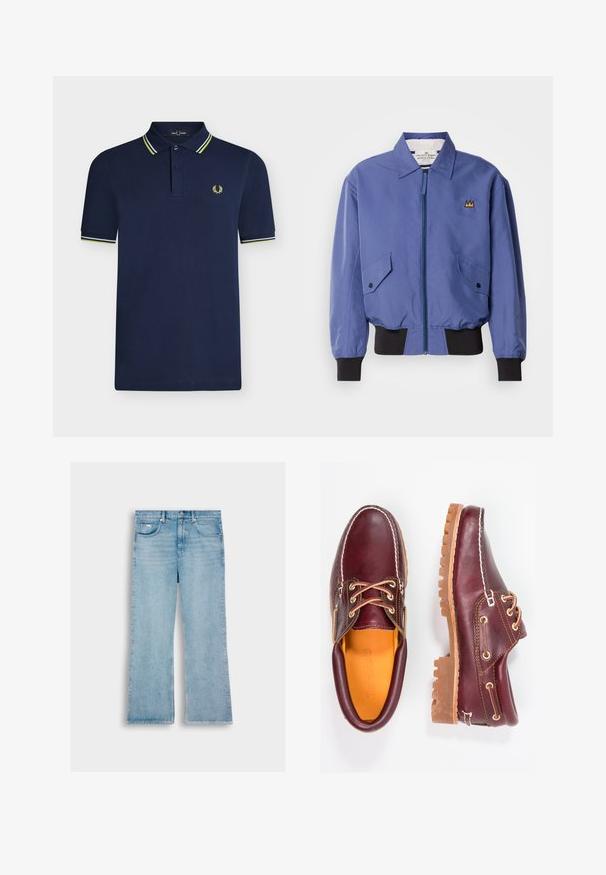 Veste bomber bleue avec une fermeture éclair frontale, deux poches en biais, et des poignets et ourlet côtelés noirs. Présente un détail brodé en forme de couronne sur la poitrine.; Polo bleu marine à manches courtes avec patte à deux boutons, col et poignets rayés, et petit logo laurier jaune sur la poitrine.; Jean en denim bleu clair avec une coupe droite, comportant cinq poches, une fermeture à bouton et des coutures le long des bords.; Chaussures en cuir bourgogne avec semelles en caoutchouc marron, bout rond, couture blanche et œillets dorés. L'intérieur présente une doublure jaune.