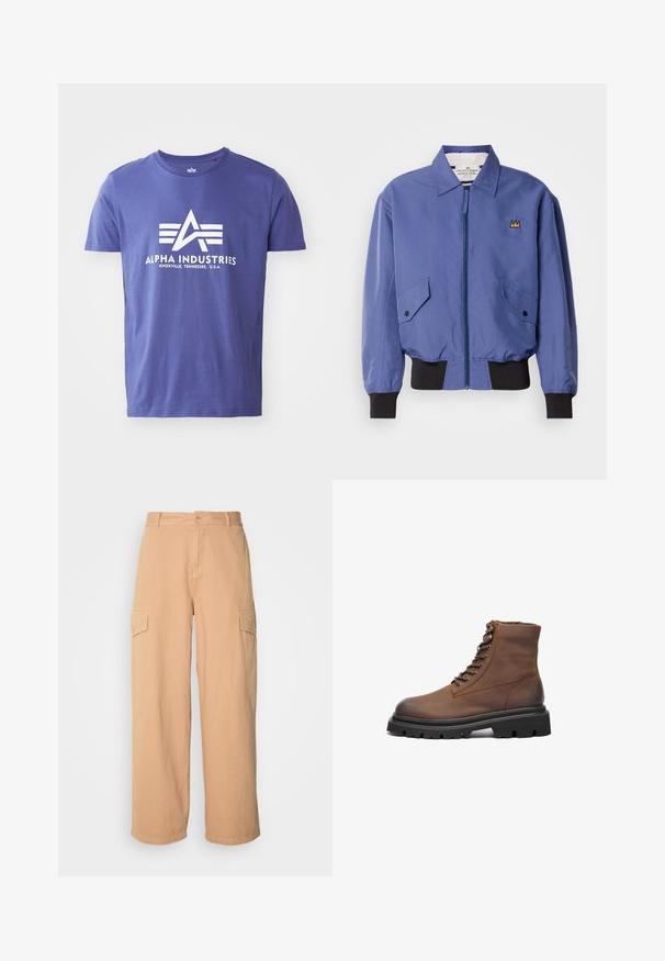 Veste bomber bleue avec une fermeture éclair frontale, deux poches en biais, et des poignets et ourlet côtelés noirs. Présente un détail brodé en forme de couronne sur la poitrine.; T-shirt en coton violet à manches courtes, comportant un logo blanc incluant "ALPHA INDUSTRIES" et un design géométrique.; Pantalon cargo beige à jambes larges en tissu léger, doté de deux poches latérales et d'une fermeture à bouton à la taille. Texture douce.; Botte chelsea en cuir brun avec un bout arrondi, des lacets à l'avant, des œillets en métal et une semelle en caoutchouc noir épaisse avec un motif de traction.