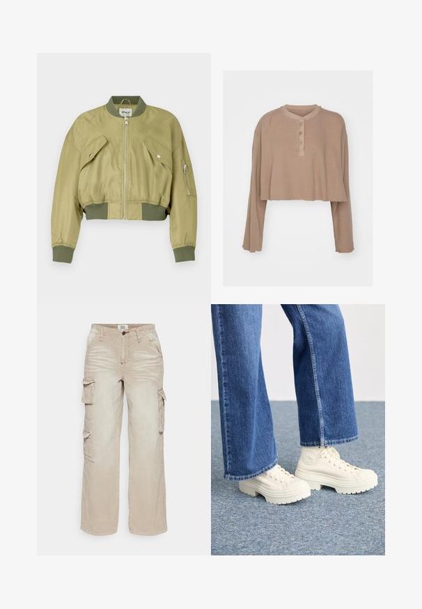 Chaqueta bomber recortada en verde oliva, fabricada en nylon suave con puños y dobladillo acanalados. Cuenta con dos bolsillos frontales en ángulo y un bolsillo en la manga con cremallera.; Top de manga larga beige, cortado, con textura de canalé, escote redondo con tapeta de botones, bordes sin rematar y corte relajado.; BDG Urban Outfitters PANTS - Pantalones cargo - stone; Zapatillas deportivas blancas de caña alta con suelas gruesas y estriadas, y detalle de logo circular, combinadas con jeans de mezclilla de pierna ancha en azul claro.