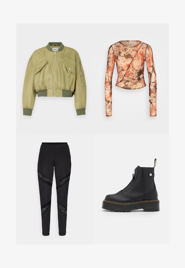 Afskåret bomberjakke i olivengrøn, lavet af glat nylon med ribstrikkede manchetter og kant. Har to skrå frontlommer og en lynlåslomme på ærmet.; Bec + Bridge AVERIL GATHERED - Langærmet T-shirt - glitch; Sorte leggings med trekantede udskæringer accentueret med sort blonde i siderne, lavet af et strækbart stof med en tætsiddende pasform.; Sort ankelstøvle lavet af glat læder, med en lynlås i siden, gul syning og en tyk, rillet gummisål.