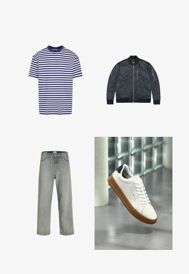 Lee LINED - Bomberjacke - black; Kurzärmliges gestreiftes T-Shirt mit navyblauen und weißen horizontalen Streifen, runder Ausschnitt, lockere Passform und weichem Baumwollmaterial.; Hellgraue, locker sitzende Jeans aus Denim. Verfügt über ein klassisches Fünf-Taschen-Design, Gürtelschlaufen und eine gerade Bein-Silhouette.; Weißer Sneaker mit niedrigem Schaft, brauner Sohle und schwarzem Fersenriemen, schwebt über einem grauen Boden in einem modernen Innenraum.