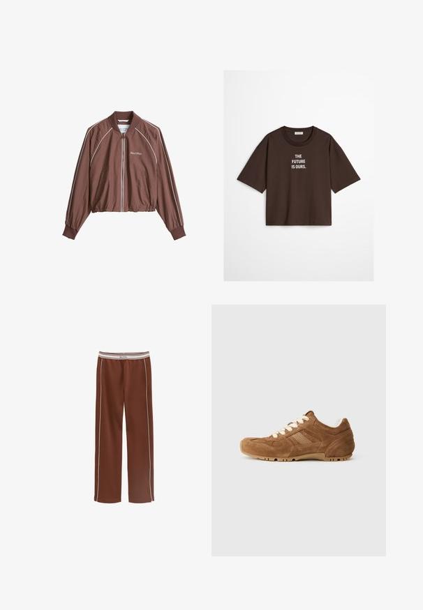 Veste bomber marron clair avec passepoil blanc le long des manches, fermeture éclair à l’avant, col et poignets côtelés, et logo « Marc O'Polo » sur la poitrine.; T-shirt à manches courtes marron foncé avec le texte blanc "THE FUTURE IS OURS." centré sur le devant et un col rond.; Pantalon marron à jambes larges avec passepoil blanc sur les côtés et taille élastique blanche comportant des rayures beiges et un marquage "Marc O'Polo".; Baskets en cuir suédé marron avec des lacets crème, des panneaux latéraux texturés et une semelle en caoutchouc avec des stries. Bout arrondi et design de col rembourré.