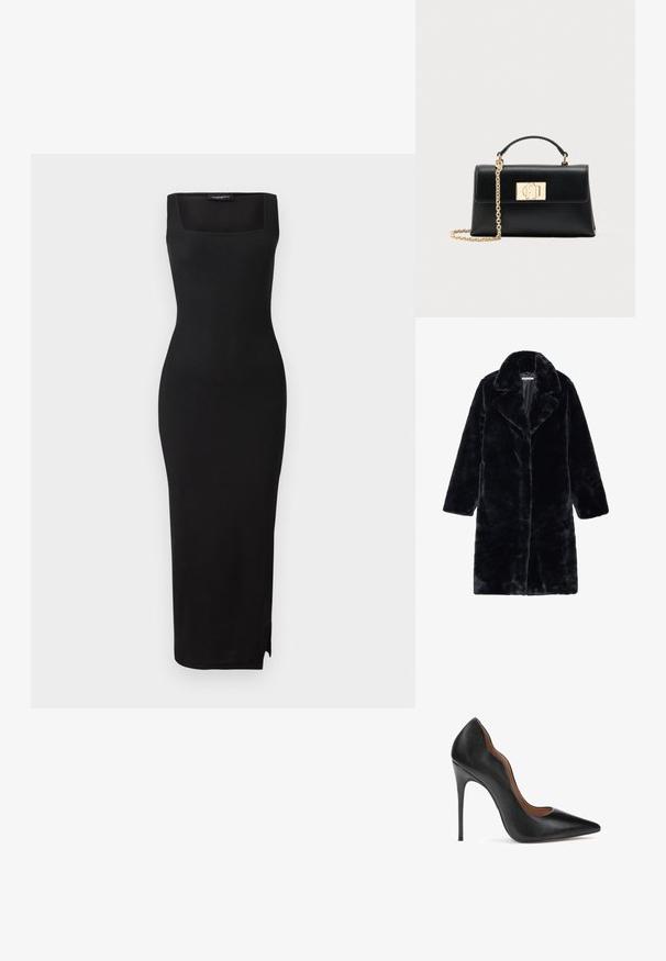 Abrigo de pelo sintético negro con un amplio cuello y mangas largas, con un corte recto y una tela suave y texturada. Sin cierres visibles.; Vestido midi de punto acanalado negro con escote cuadrado, silueta ajustada y abertura lateral. El material tiene una textura suave. Diseño simple.; Zapato de tacón alto de cuero negro con puntera afilada, diseño de cortes ondulados a lo largo de la parte superior, tacón de aguja delgado y plantilla marrón.; Bolso de mano de cuero negro con una forma estructurada, que cuenta con un asa superior y una correa de cadena en tono dorado. Herrajes decorativos dorados con detalle de logo.