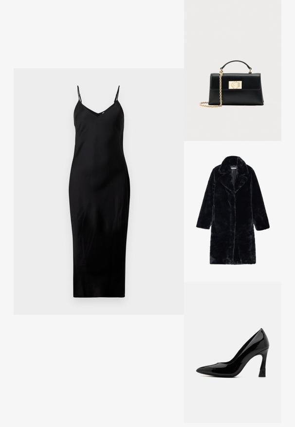 Abrigo de pelo sintético negro con un amplio cuello y mangas largas, con un corte recto y una tela suave y texturada. Sin cierres visibles.; Vestido midi negro sin mangas con finos tirantes tipo espagueti y escote en V, exhibido sobre un fondo blanco liso.; Zapato de tacón alto de charol negro con punta afilada y tacón cuadrado que presenta un acento de logo. Textura de superficie suave y brillante.; Bolso de mano de cuero negro con una forma estructurada, que cuenta con un asa superior y una correa de cadena en tono dorado. Herrajes decorativos dorados con detalle de logo.