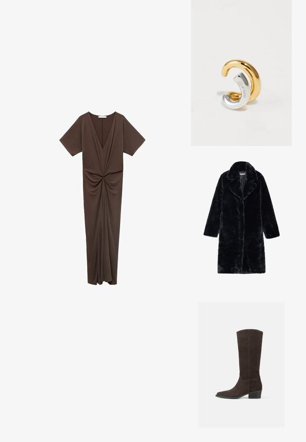 Abrigo de pelo sintético negro con un amplio cuello y mangas largas, con un corte recto y una tela suave y texturada. Sin cierres visibles.; Vestido marrón hasta la rodilla en un material suave, con un escote en V profundo, mangas cortas y un detalle fruncido en la cintura. Textura suave.; Bota de ante marrón oscuro hasta la rodilla con punta cuadrada, textura suave y un tacón corto apilado, que presenta un diseño minimalista y líneas limpias.; Dos pendientes de oreja entrelazados, uno dorado y otro de plata estampados Ag925, mostrados sobre un fondo blanco.