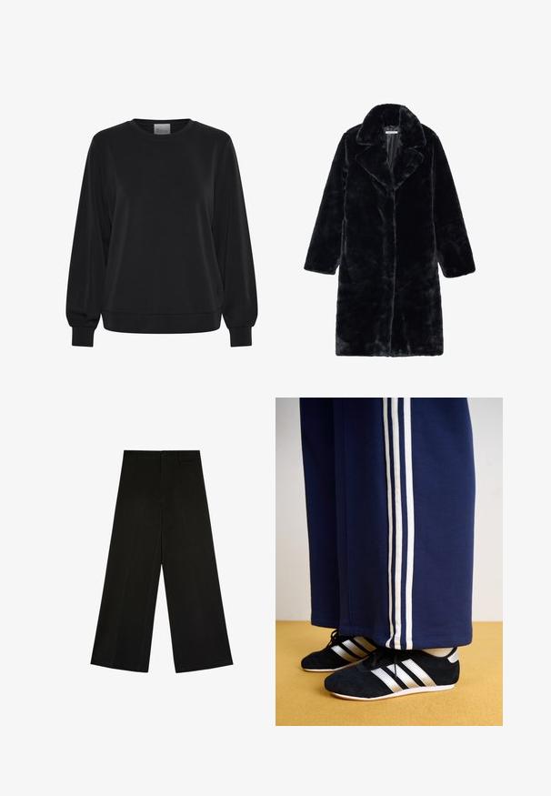 Manteau en fausse fourrure noire avec un large col et de longues manches, présentant une coupe droite et un tissu doux et texturé. Pas de fermetures visibles.; Sweatshirt noir à manches longues, col rond et poignets côtelés. Présente une texture lisse et un détail de logo subtil à l'avant.; Pantalon noir à jambes larges avec fermeture par bouton et zip, passants de ceinture et plis d’avant, posé à plat sur fond blanc.; Pantalons de survêtement navy avec trois rayures verticales blanches et des chaussures de sport noires avec des rayures argentées et une surface texturée. Sol jaune.