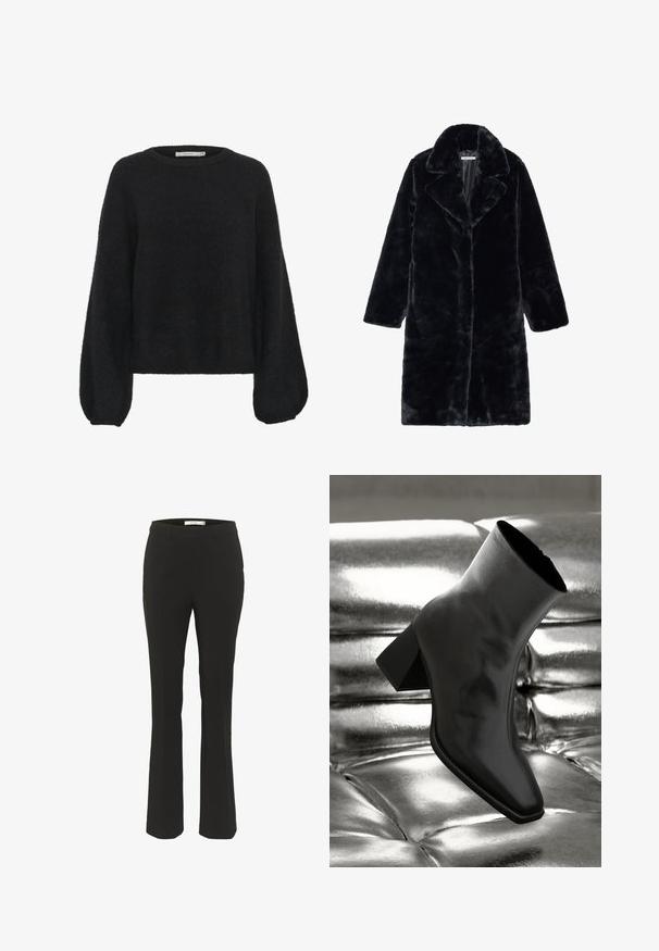 Sort kunstpelsfrakke med bred krave og lange ærmer, har en lige pasform og blødt, tekstureret stof. Ingen synlige lukninger.; Gestuz ALPHA - Striktrøje - black; Sorte skræddersyede bukser med slim fit, flagrende bund, glat front og ingen synlige lommer. Fremstillet af glat stof med minimale sømme.; Sorte ankelstøvler lavet af glossy materiale med firkantet tå og spidse hæle, sat mod en skinnende sølv tuftet baggrund.