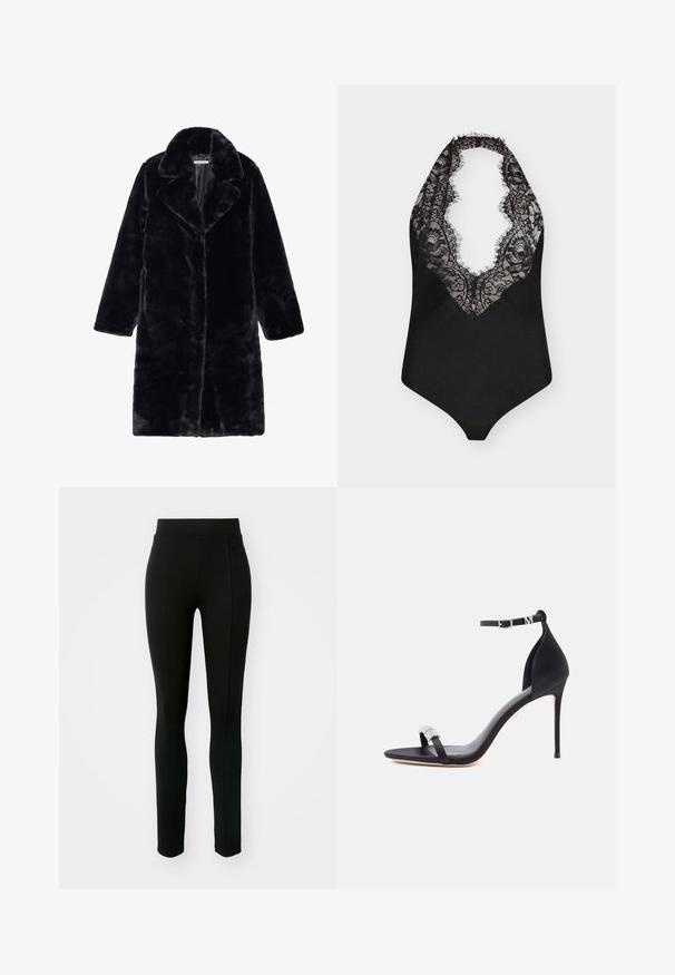 Schwarzer Kunstfellmantel mit breitem Kragen und langenÄrmeln, in gerader Schnittführung und aus weichem, strukturiertem Stoff. Keine sichtbaren Verschlüsse.; Schwarzer Bodysuit mit Neckholder, tiefem V-Ausschnitt mit Spitzenbesatz und floralem Muster auf der Vorderseite vor weißem Hintergrund.; Schwarze Leggings aus dehnbarem Material, mit hohem Bund, schmaler Passform und zwei Vordertaschen ohne sichtbare Nähte.; Schwarze Satinsandalette mit hohem Absatz, dünnem Riemen, Knöchelschnalle und dekorativem Strassakzent am Zehenriemen.