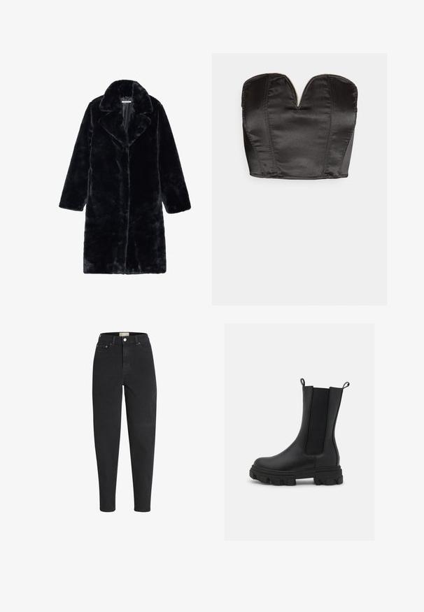 Sort kunstpelsfrakke med bred krave og lange ærmer, har en lige pasform og blødt, tekstureret stof. Ingen synlige lukninger.; Vero Moda VMSALLY CROPPED SIMILI CORSAGE - Top - black; Sorte højtaljede jeans med tapered ben, lukkes foran med knap og lynlås, for- og baglommer samt detaljer med metalnitter.; Sort Chelsea-støvle lavet af læder og elastisk stof, med en kraftig gummisål med fremtrædende mønster og trækflapper for nem påtagning.