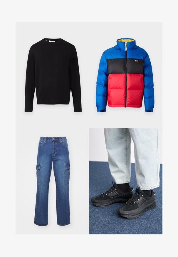 Veste rembourrée avec une partie supérieure bleue, un milieu noir et une partie inférieure rouge. Elle est dotée d'une capuche, d'une fermeture éclair à l'avant et d'un tissu texturé.; Pull en tricot noir avec un col rond, des manches longues et une coupe décontractée. Texture lisse, design minimal, sans motifs ni embellissements.; Pantalons cargo en denim bleu avec une jambe droite, comportant deux poches cargo sur les côtés et un design classique à cinq poches.; Des chaussures de sport noires avec un tissu texturé et des semelles en caoutchouc, dotées de lacets élastiques et d'un accent bleu au talon. Portées avec un pantalon en denim clair.