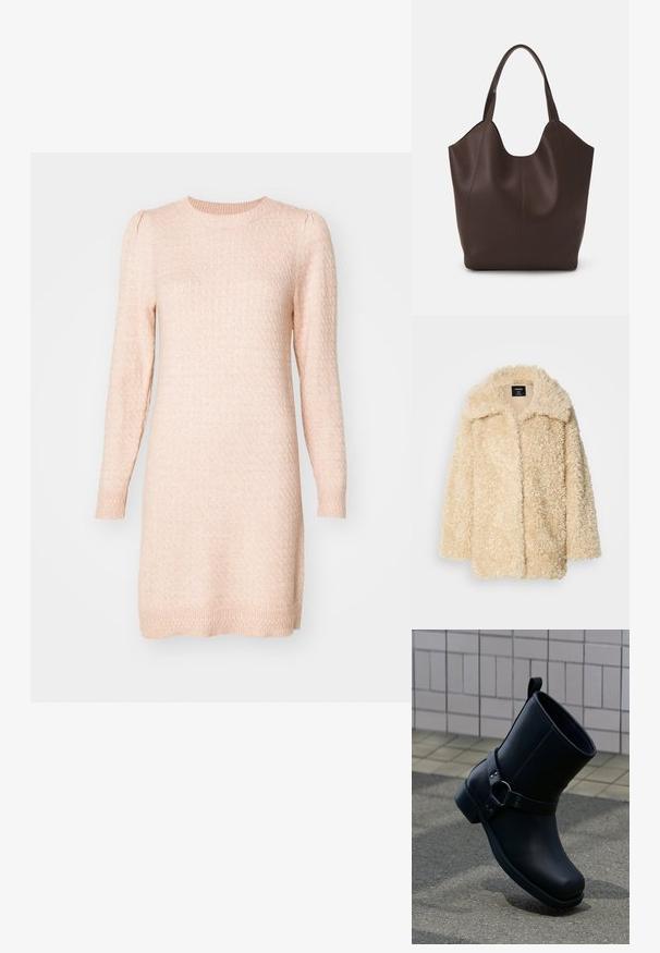 Fuzzy beige frakke med stor krave og åben front, der har en blød tekstur og løs pasform, velegnet til hverdagsslitage.; Langærmet, rundhalset sweaterkjole i blød lyserød. Struktureret strik med subtile hævede mønstre, tætsiddende manchetter og lige silhuet.; Sort læderankelstøvle med rem og metalringdetalje, vist på grå fortov med flisebelagt væg i baggrunden.; Brun læder tote taske med en glat tekstur, der har en unik form, bred åbning og to korte håndtag til bæring.