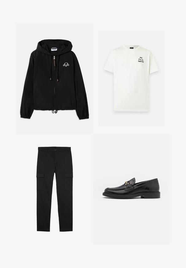 Veste à capuche noire en tissu léger, dotée d'une fermeture éclair sur le devant, de poignets élastiques et d'une broderie décorative près de la poitrine.; T-shirt blanc à manches courtes et col rond avec texte noir "PS PAUL SMITH" sur la poitrine gauche.; Pantalon cargo noir à jambes droites avec poches latérales à rabat, bouton devant, passants de ceinture et un design épuré et minimaliste.; Mocassins en cuir noir avec un embout rond, présentant des accents en métal doré et des détails de couture, montés sur une semelle en caoutchouc texturé et basse.