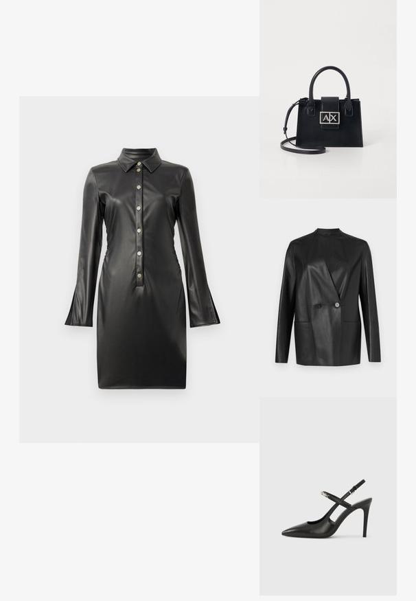 Blazer de cuero negro con diseño estructurado, solapa con muesca, cierre de doble botón y dos bolsillos delanteros. Textura lisa y mate.; Vestido de cuero sintético negro con mangas largas acampanadas, cuello con solapa y una botonera delantera con botones redondos de plata. Textura suave.; Tacones altos slingback de cuero negro con punta afilada, diseño con recortes y correa ajustable con herrajes metálicos.; Bolso de mano de cuero negro con un diseño estructurado, asas superiores y una correa de hombro desmontable. Presenta una placa de logo en tono plata y una textura suave.