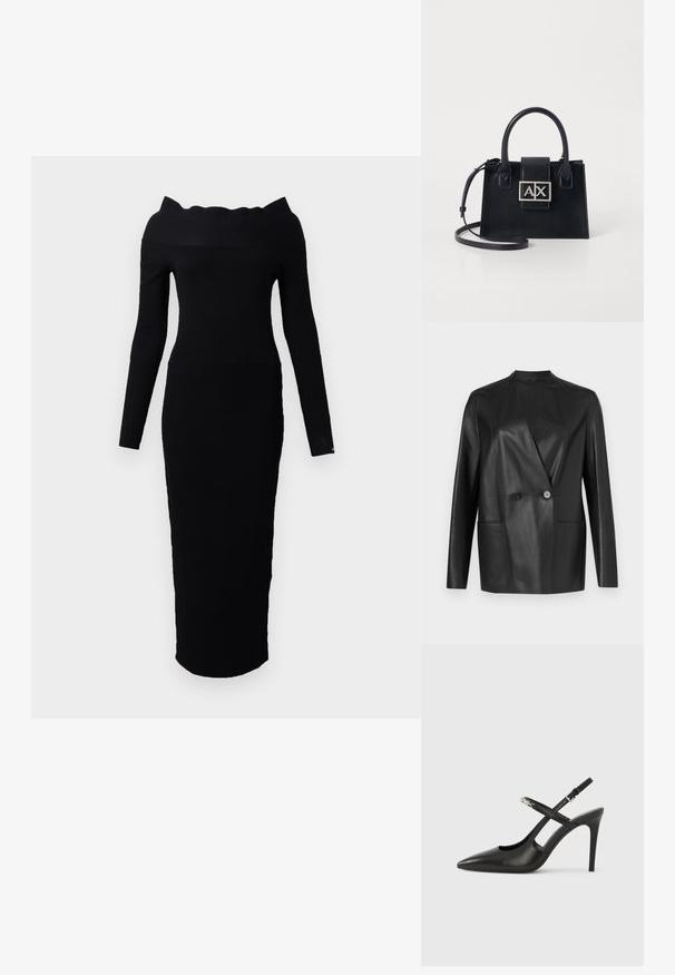 Sort lærblazer med struktureret design, hakket krave, lukning med dobbelt knap og to forlommer. Glat, mat tekstur.; Sort ribbet strikkjole med en off-shoulder udskæring, lange ærmer og en tætsiddende silhuet der strækker sig til midt på læggen.; Sorte læder slingback-højhæle med spids tå, udskåret design og justerbar rem med metalhardware.; Sort læder håndtaske med en struktureret design, top håndtag og en aftagelig skulderrem. Har en logo-plade i sølvfarve og en glat overflade.