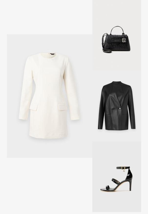 Sort lærblazer med struktureret design, hakket krave, lukning med dobbelt knap og to forlommer. Glat, mat tekstur.; Hvid langærmet kjole med rund halsudskæring, tætsiddende silhuet, to forlommer og et subtilt præg af logo nær halsen. Glat stoftekstur.; Sorte patenterede lædersandaler med tre stropper, ankelspænde og 10 cm stiletthæl. Har detaljer i guld og et logo charms.; Sorte håndtaske lavet af struktureret materiale, med præget brandnavn, en topstrop og en aftagelig skulderrem med sølvhardware.