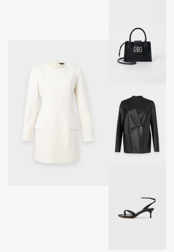 Sort lærblazer med struktureret design, hakket krave, lukning med dobbelt knap og to forlommer. Glat, mat tekstur.; Hvid langærmet kjole med rund halsudskæring, tætsiddende silhuet, to forlommer og et subtilt præg af logo nær halsen. Glat stoftekstur.; Sort damesandal i læder med tynde remme, en tå-loop, ankelspænde og en mellemhøj stiletthæl på en neutral baggrund.; Sort læder håndtaske med en struktureret design, top håndtag og en aftagelig skulderrem. Har en logo-plade i sølvfarve og en glat overflade.