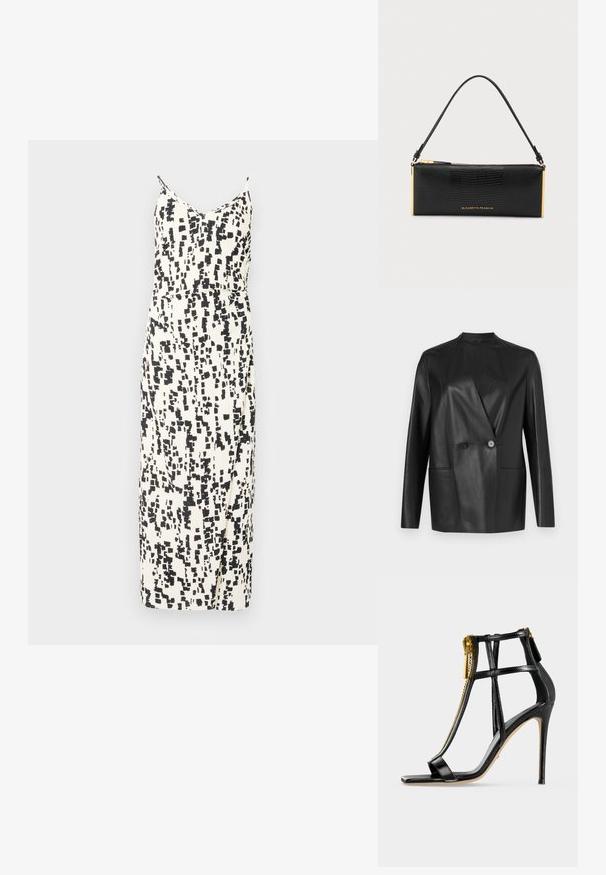 Zwarte leren blazer met een gestructureerd ontwerp, slank kraagje, dubbele knoopsluiting en twee voorzakken. Soepele, matte textuur.; Mouwloze jurk in een crèmekleur met een zwart abstract patroon, met een aansluitende taille, rechte snit en een middellange zoom.; Zwarte sandaal met hoge hakken, dunne bandjes, een vierkante neus en een gouden ritsdetail aan de voorkant op een lichte achtergrond.; Zwarte gestructureerde rechthoekige handtas met een enkele band, gouden ritssluiting, gouden accenten en Elisabetta Franchi-logo aan de voorkant.