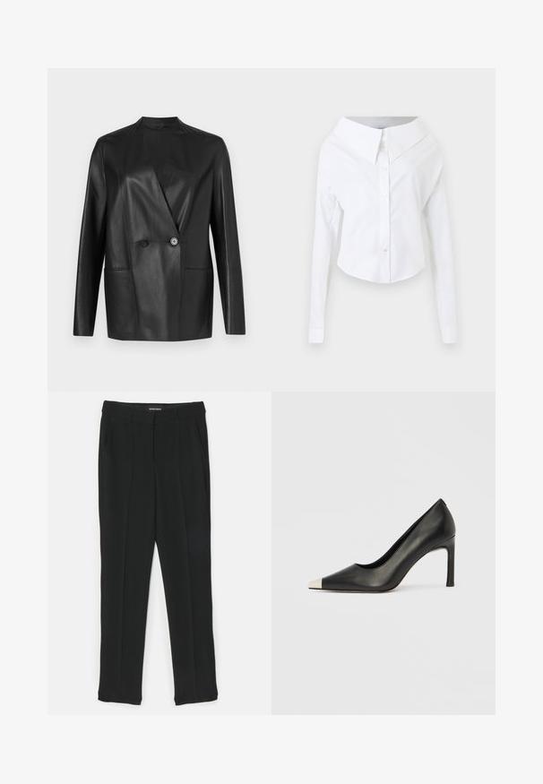 Blazer en cuir noir au design structuré, col cranté, fermeture à double bouton et deux poches avant. Texture lisse et mate.; Chemise blanche à manches longues, épaules dénudées, boutonnée, avec un large col et un ourlet incurvé sur un fond uni.; Pantalon noir au design droit, avec plis, poches latérales et texture lisse. Fabriqué en tissu léger.; Chaussure à talon haut en cuir noir avec bout pointu et capuchon argenté métallique. Présente une finition lisse et un talon fin de 10 cm.